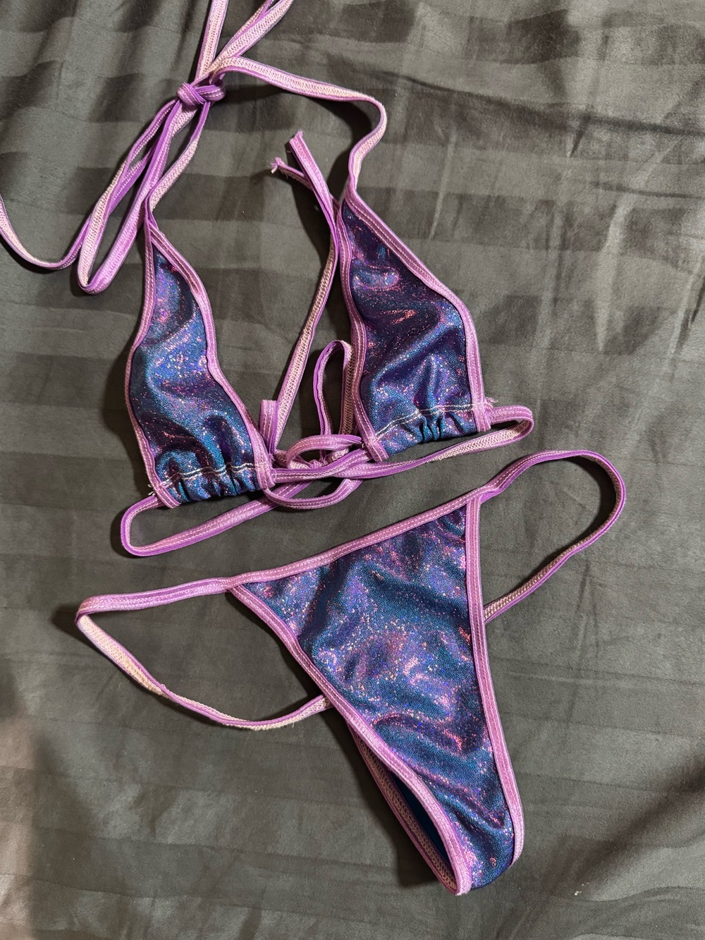 Handmade Holographic Micro Bikini turquoise fuchsia exotic dance wear set XS